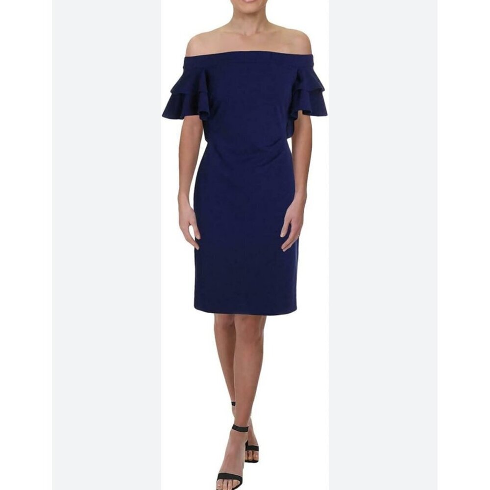 Ralph Lauren Navy Off-Shoulder Ruffle Sheath Dress Elegant Cocktail Size 14
